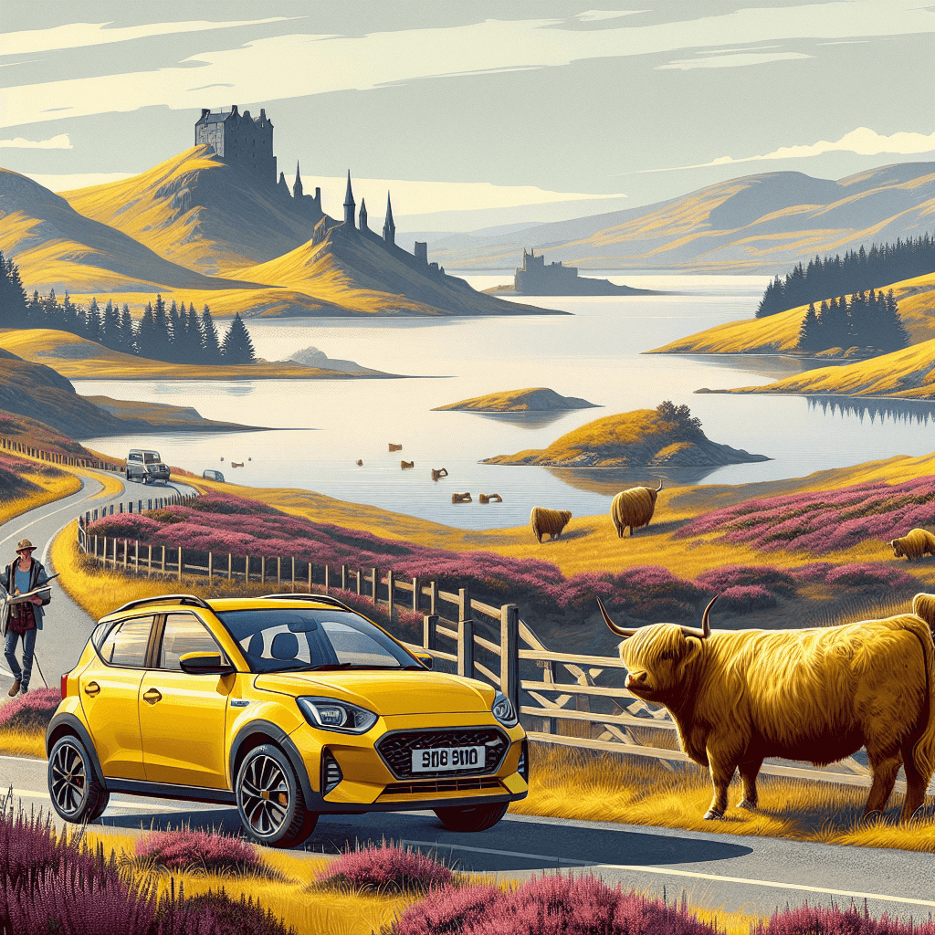 City car tunes with heather hills, castles and Highland cattle