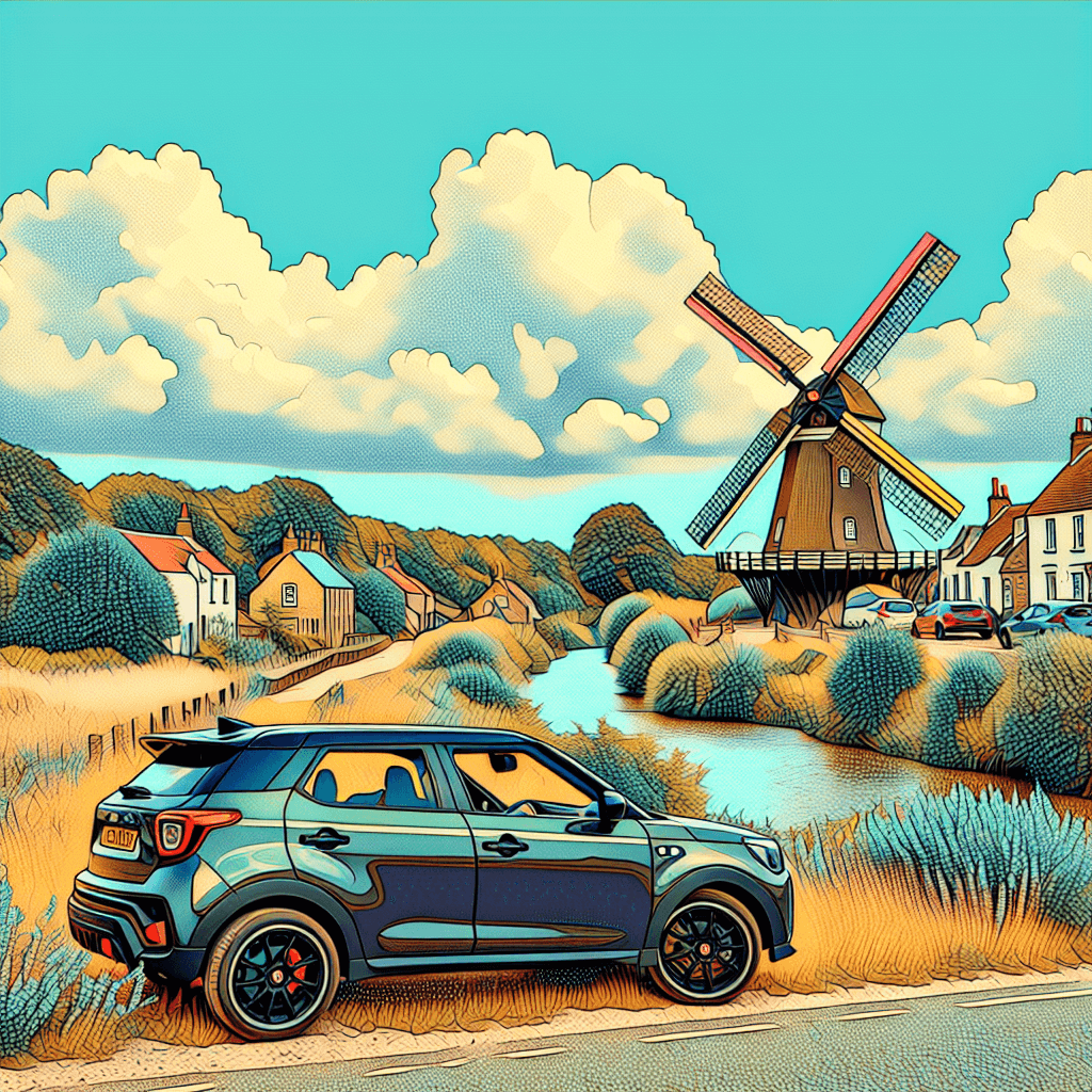 City car hire at Mill Hill, landscape with windmill and flora