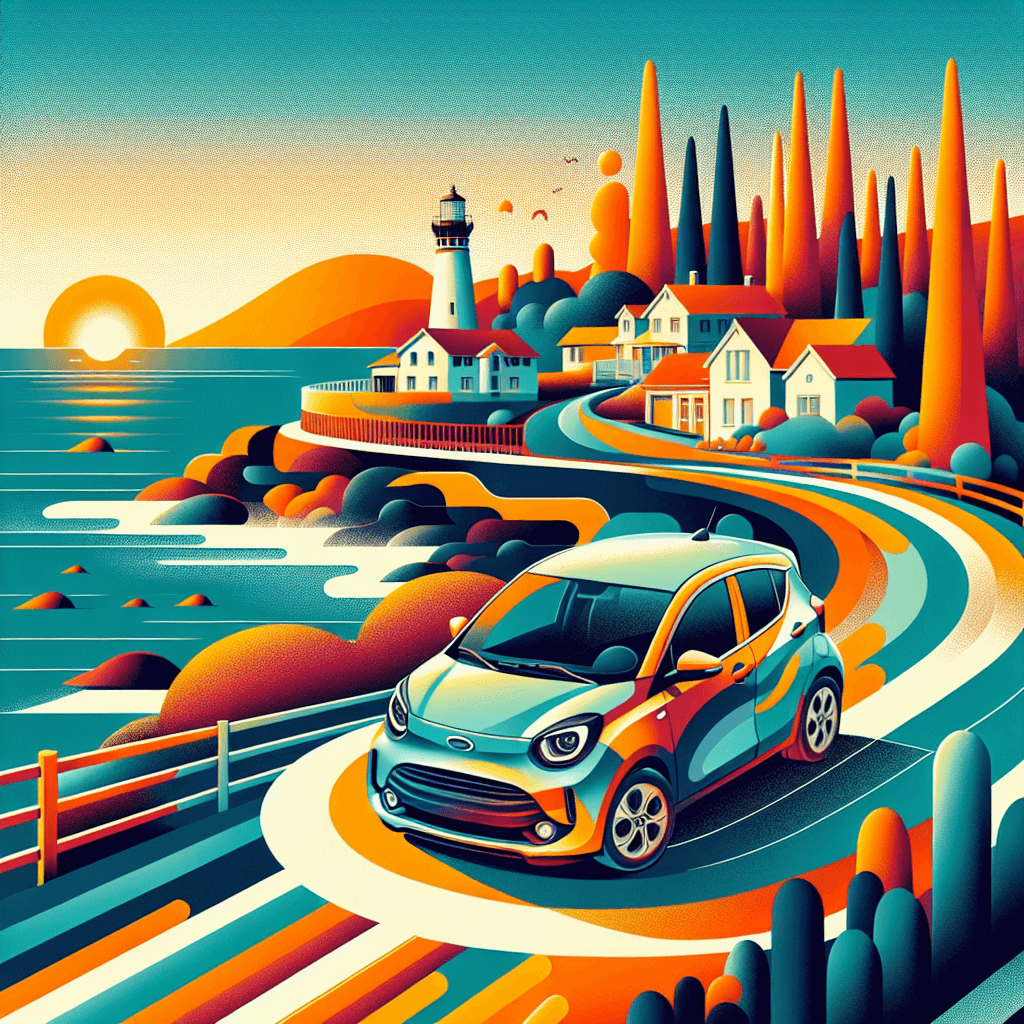 City car on curvy road, sea, lighthouse, Cypress trees, colorful buildings