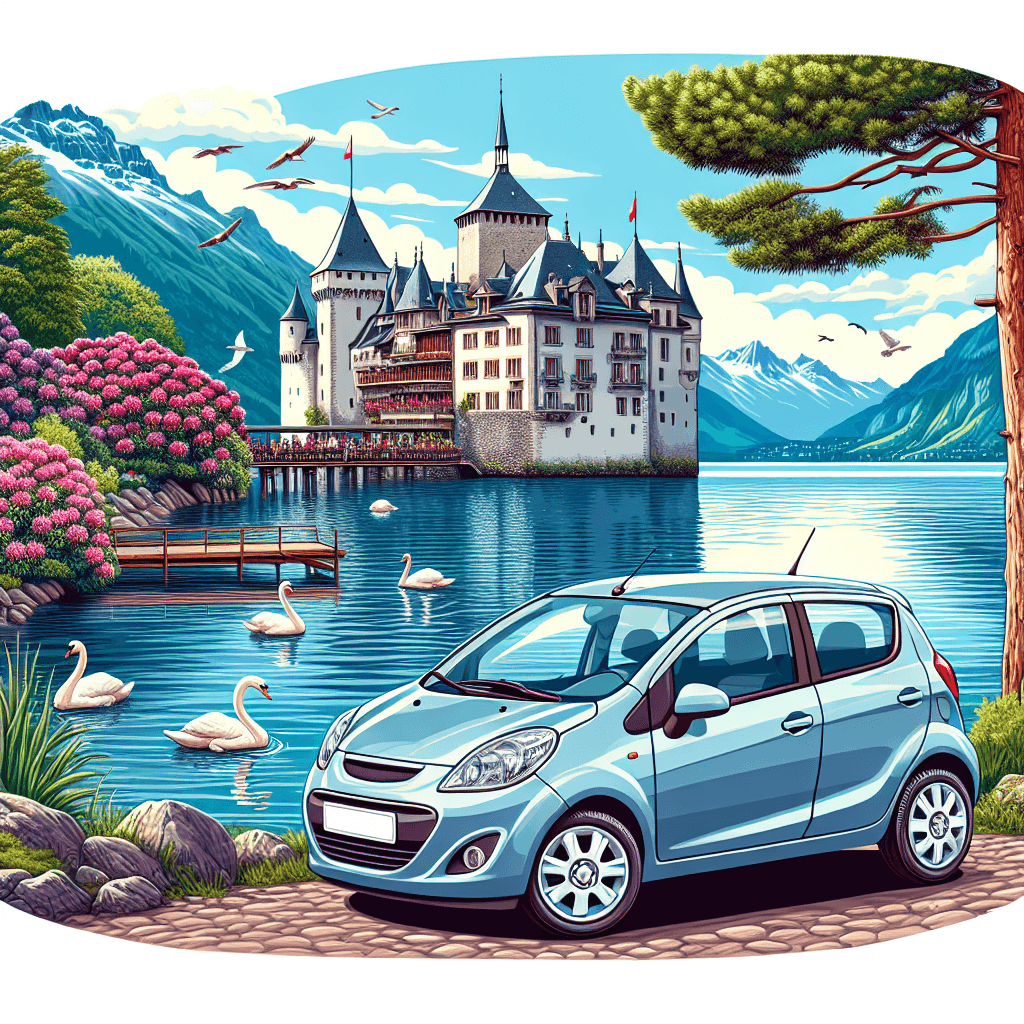 City car at Montreux lake, Chillon Castle, rhododendrons, swans, snow-capped mountains