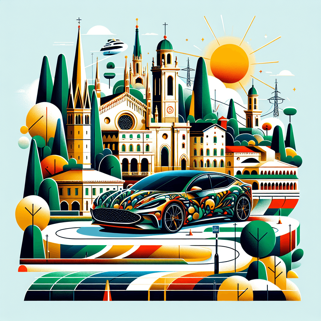 City car in festive Monza landscape with iconic landmarks