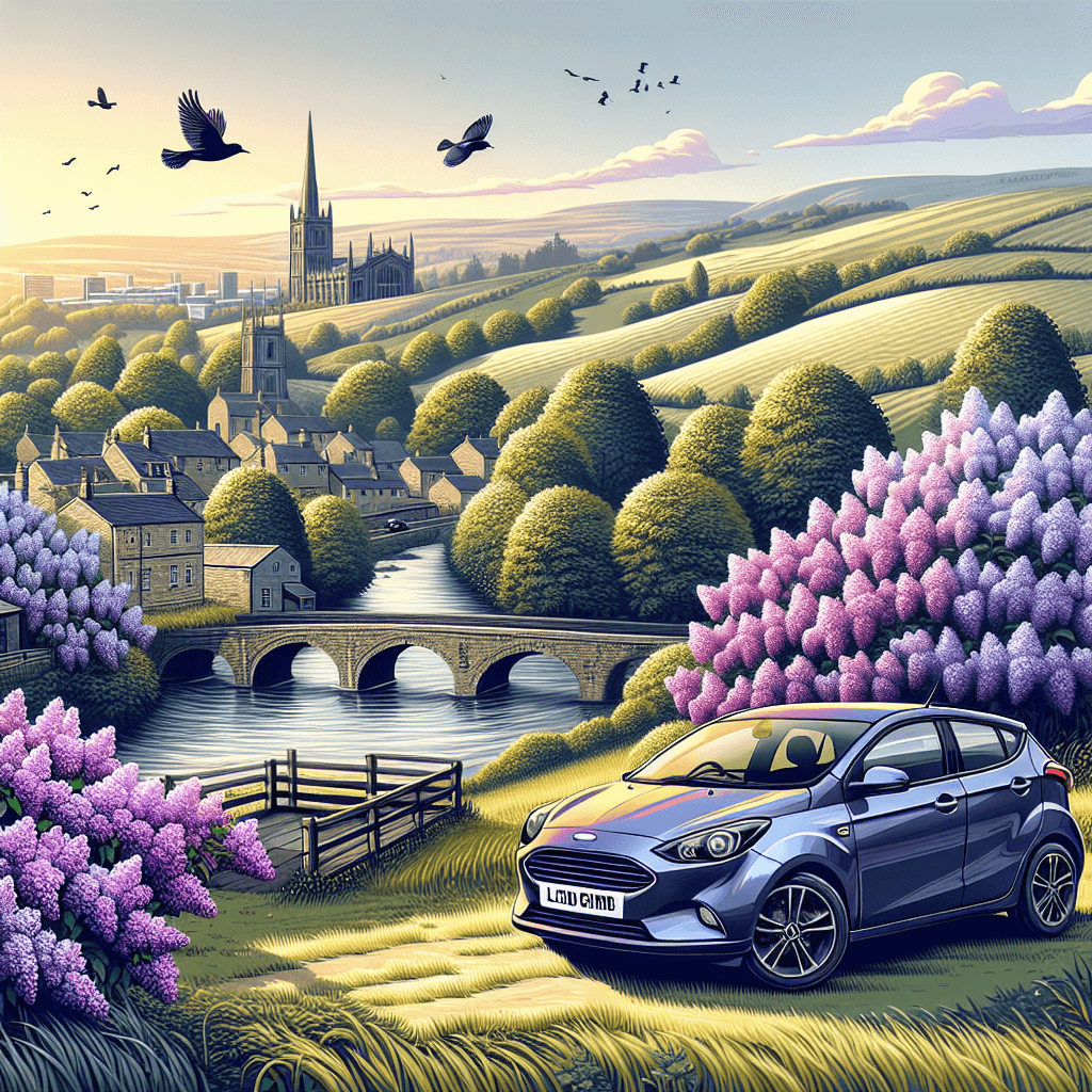 City car near a stone bridge, river, lilac trees, Morningside hills
