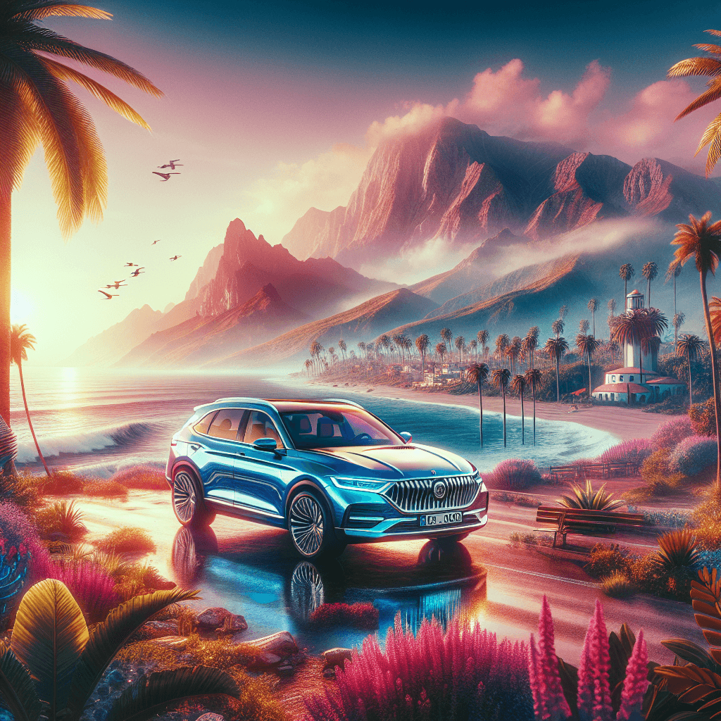 City car amidst the beach, palm trees and Sierra Nevada