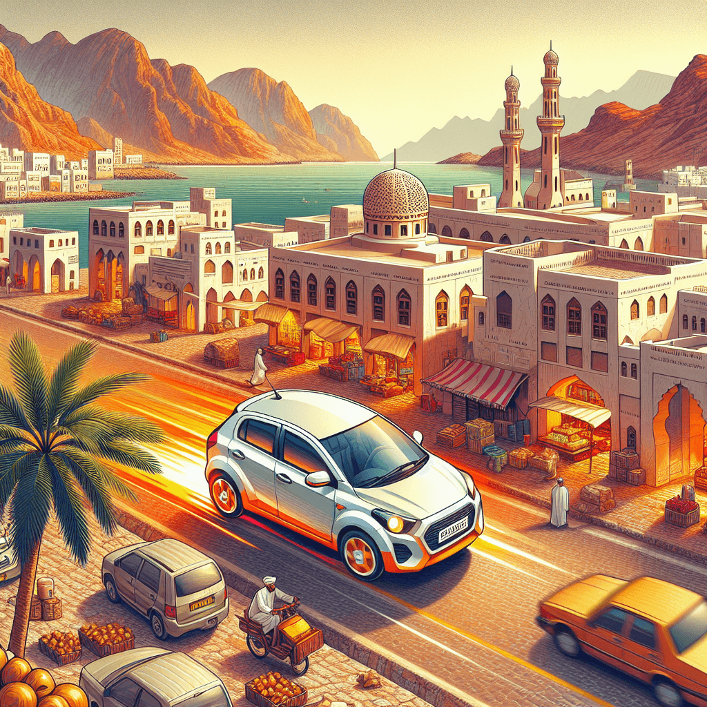 City car zooming through Muscat's vibrant landscape with Arabian Sea