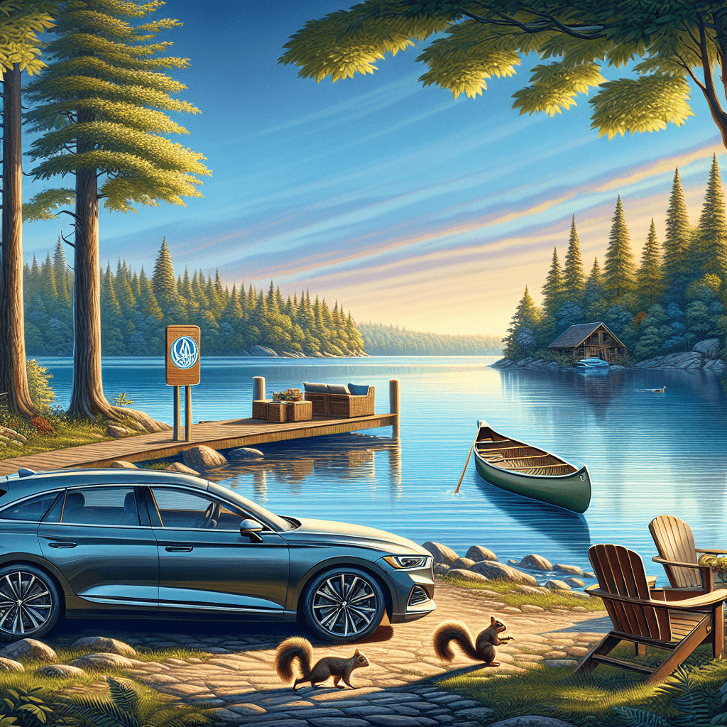 Urban Car by Muskoka lake with canoe, chairs and squirrel