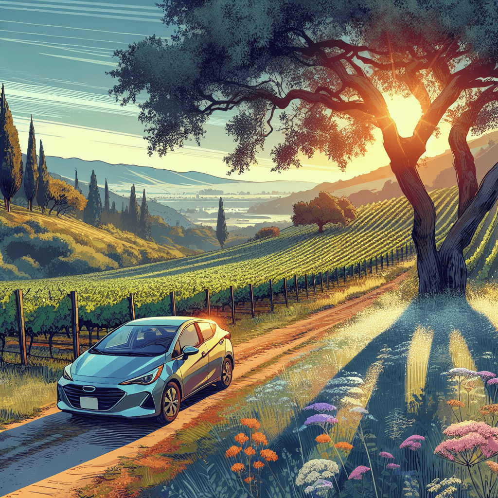 City car parked near vineyard, winding road and sunset