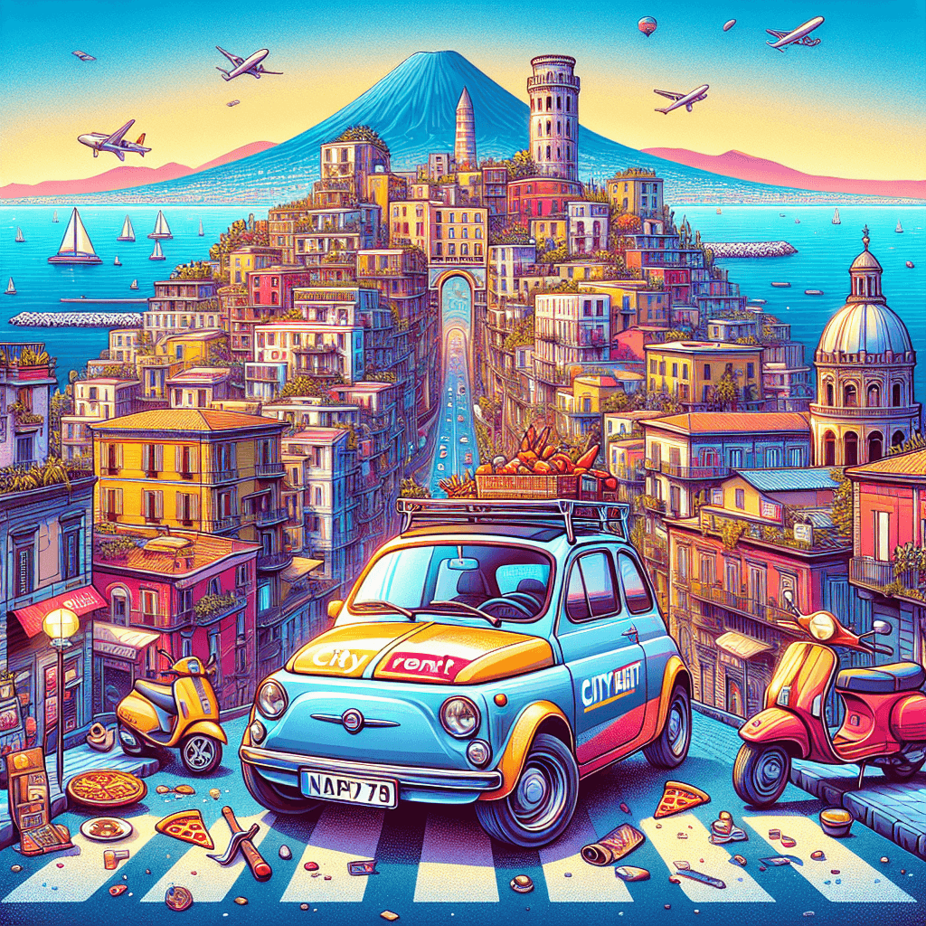 City car in Naples typical scenography, volcano, bay and local life