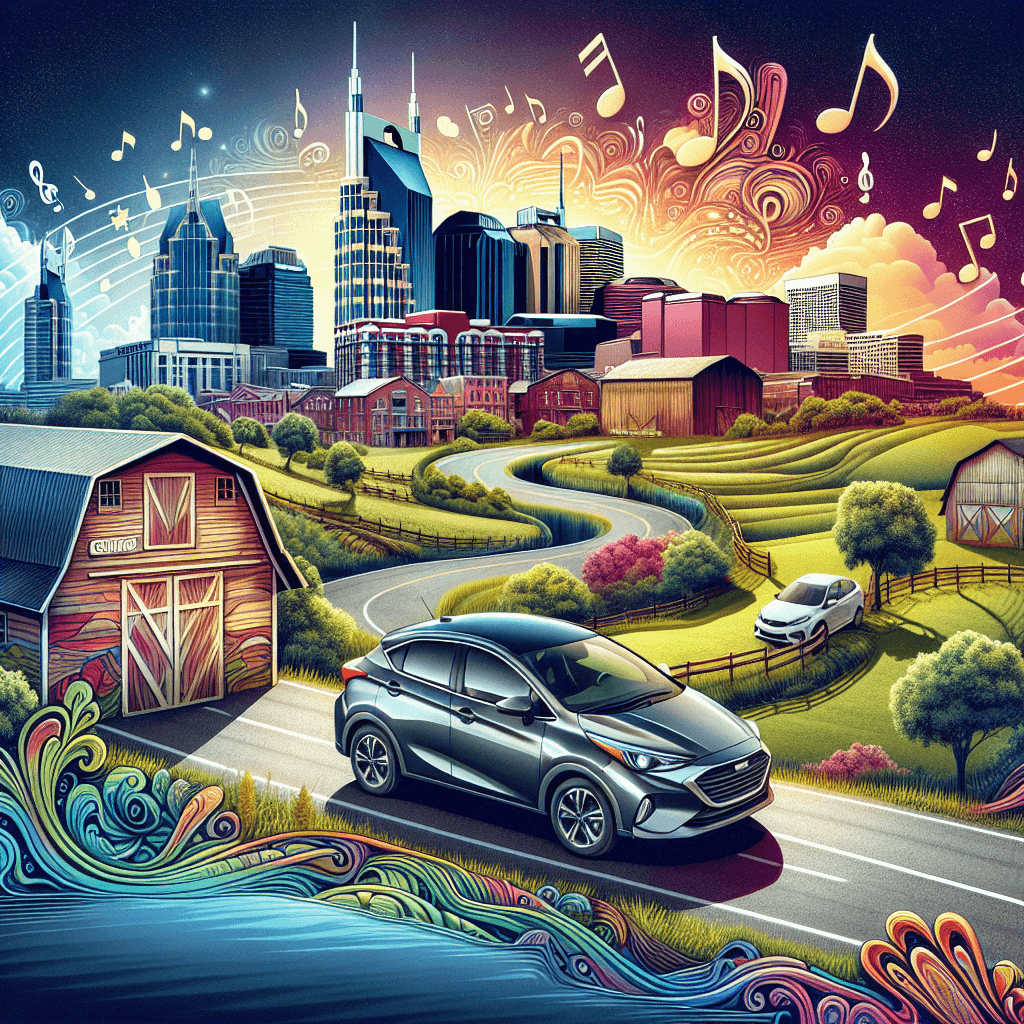 City car, Nashville skyline, floating music notes, sunset