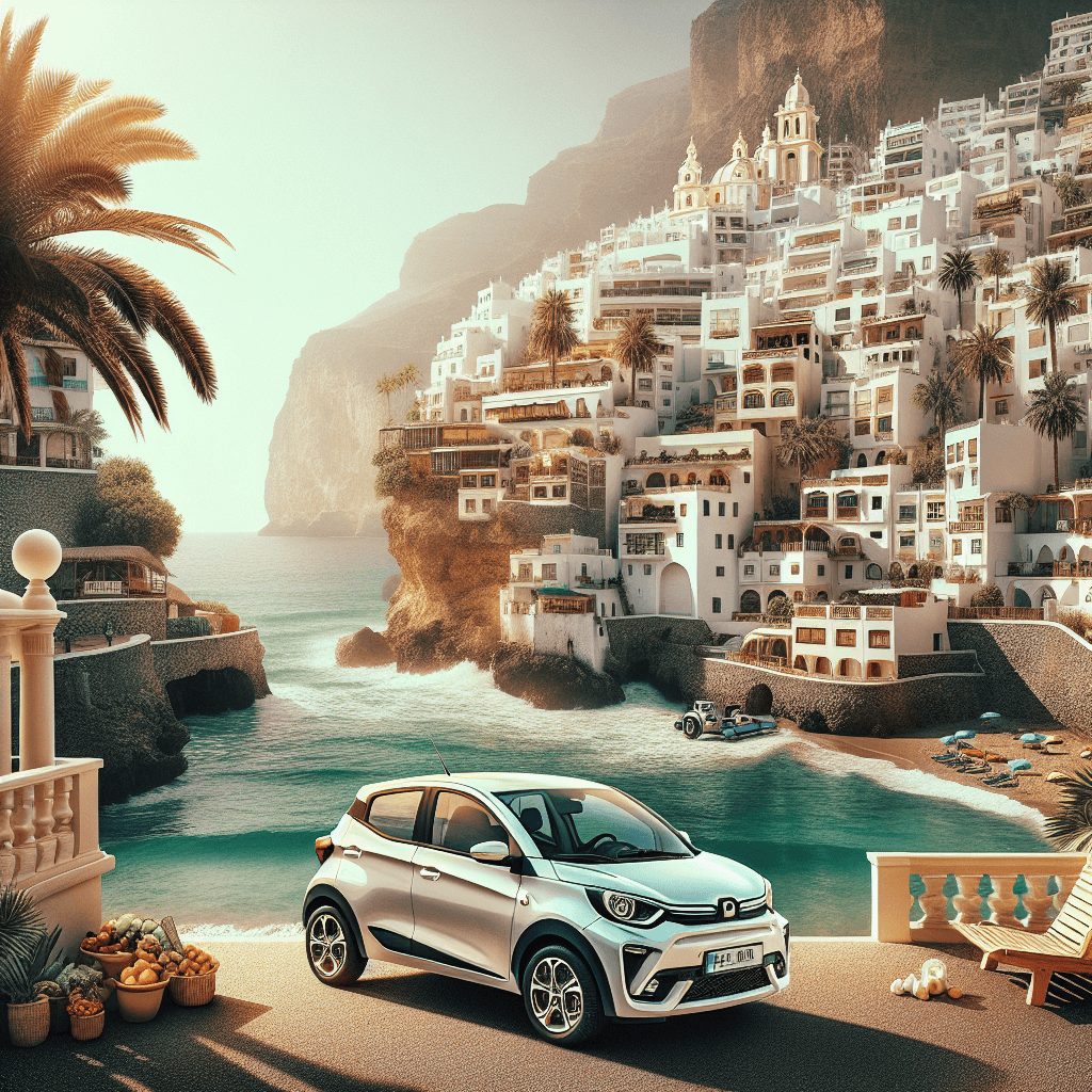 City car in Nerja with beach, buildings and Balcon de Europa
