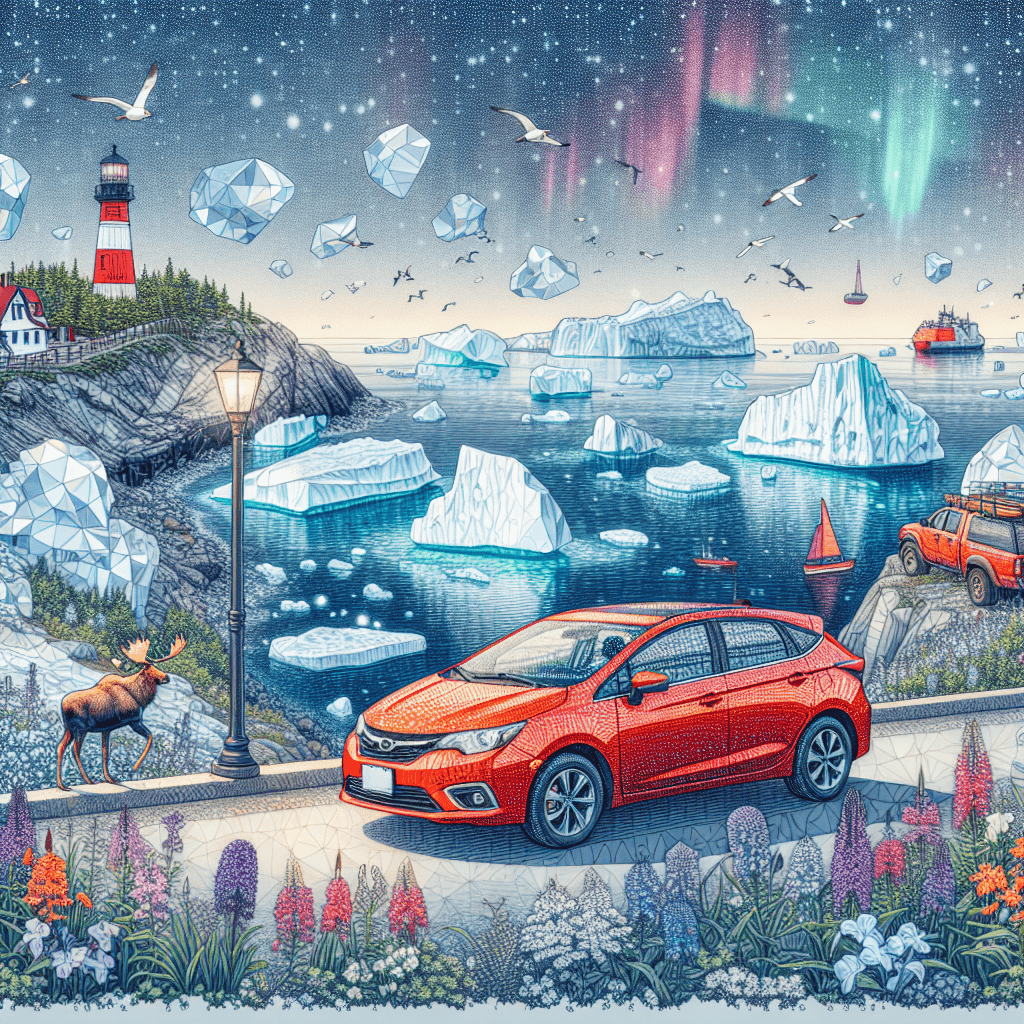 Red car overlooking iceberg alley, moose and lighthouse.