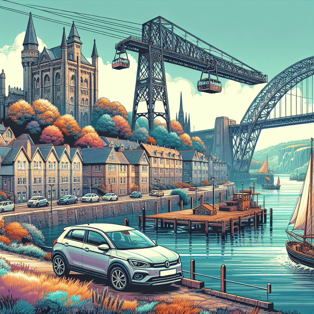 City car in scenic Newport with bridge, castle and boat