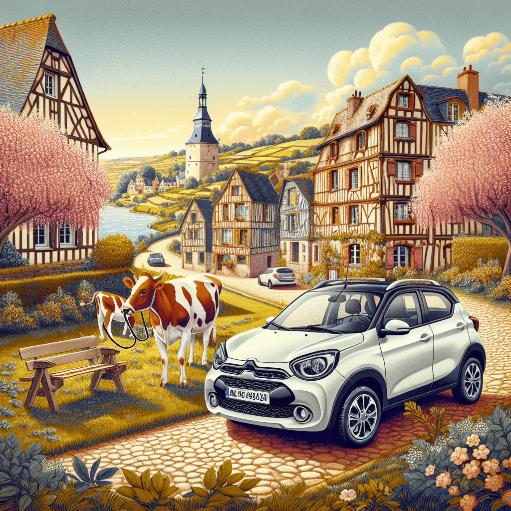 City car amid Normandy landscape with apple blossoms and cows