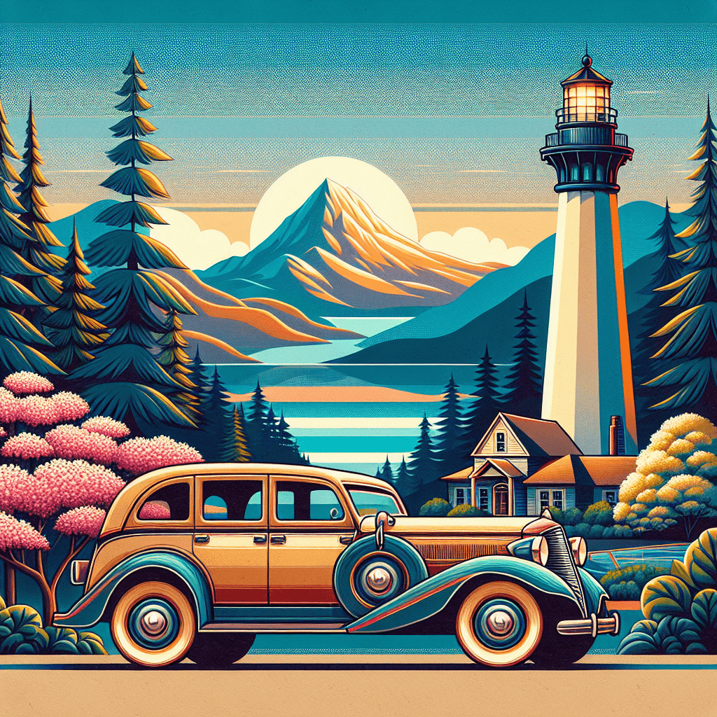 City car with lighthouse, blooming dogwoods, pine trees, mountains