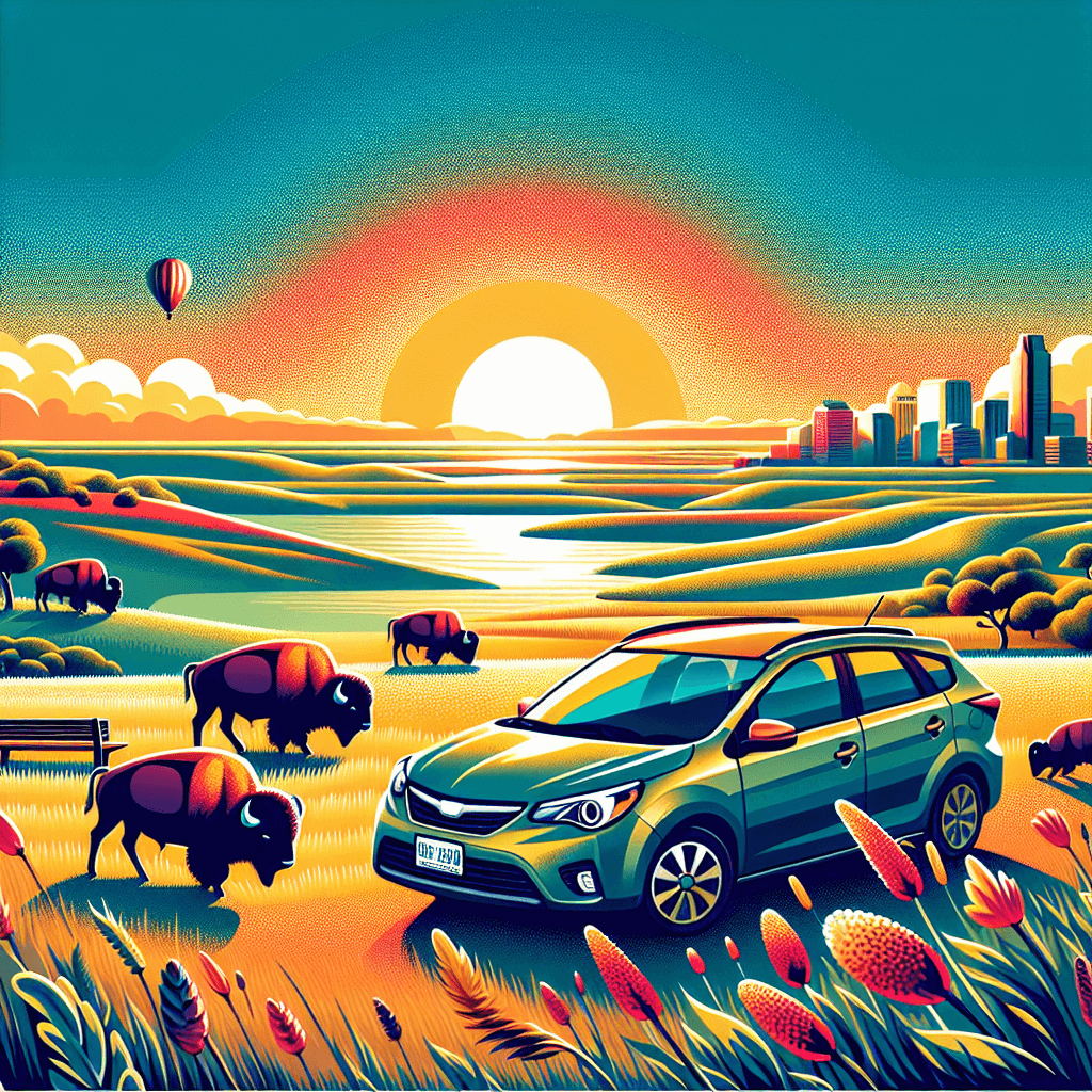 City car on North Dakota landscape with buffalo and wildflowers