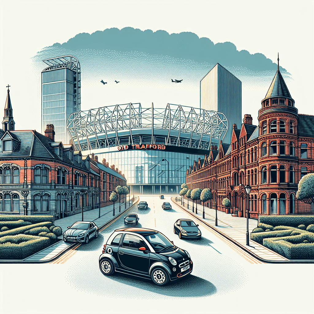 City car driving joyfully across iconic Old Trafford landscape