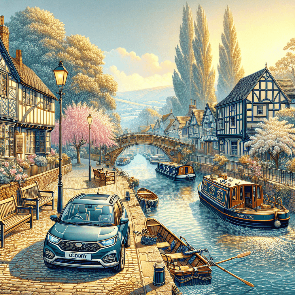 City car cruising in classic Oldbury scenery, surrounded by timbered houses and canal