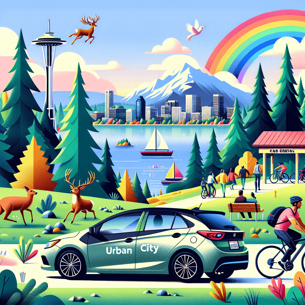 City car amidst towering evergreens, cyclists, deer, and rainbow.