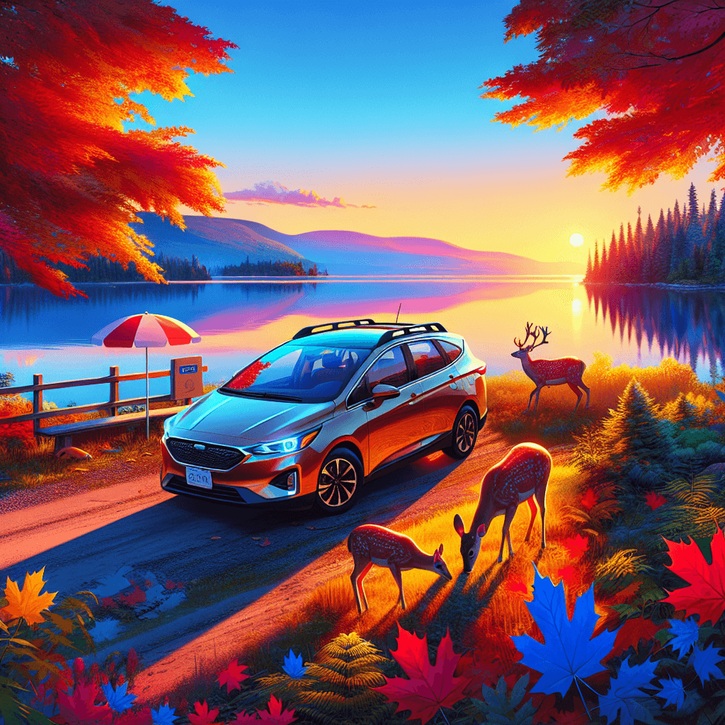 City car in Ontario landscape, with lake, maple trees, sunrise and deer.