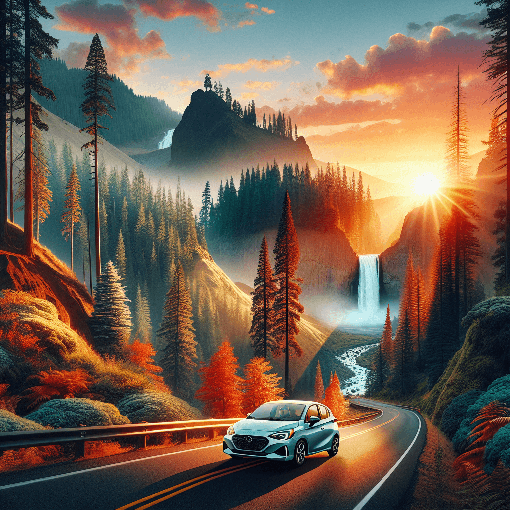 City car on mountain road, sunrise and waterfall in Oregon