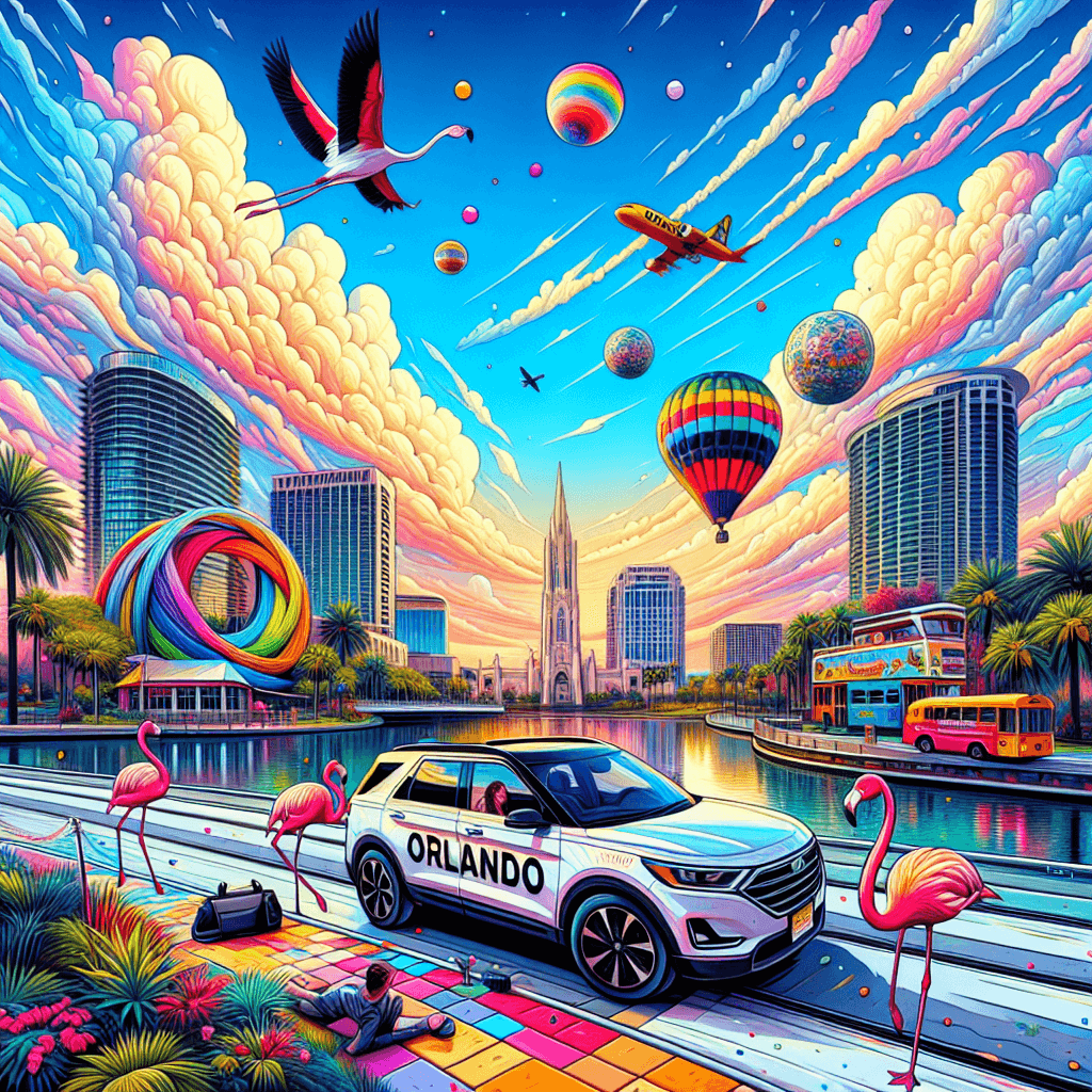 City car traveling in vibrant Orlando, with theme park, palms, and flamingos