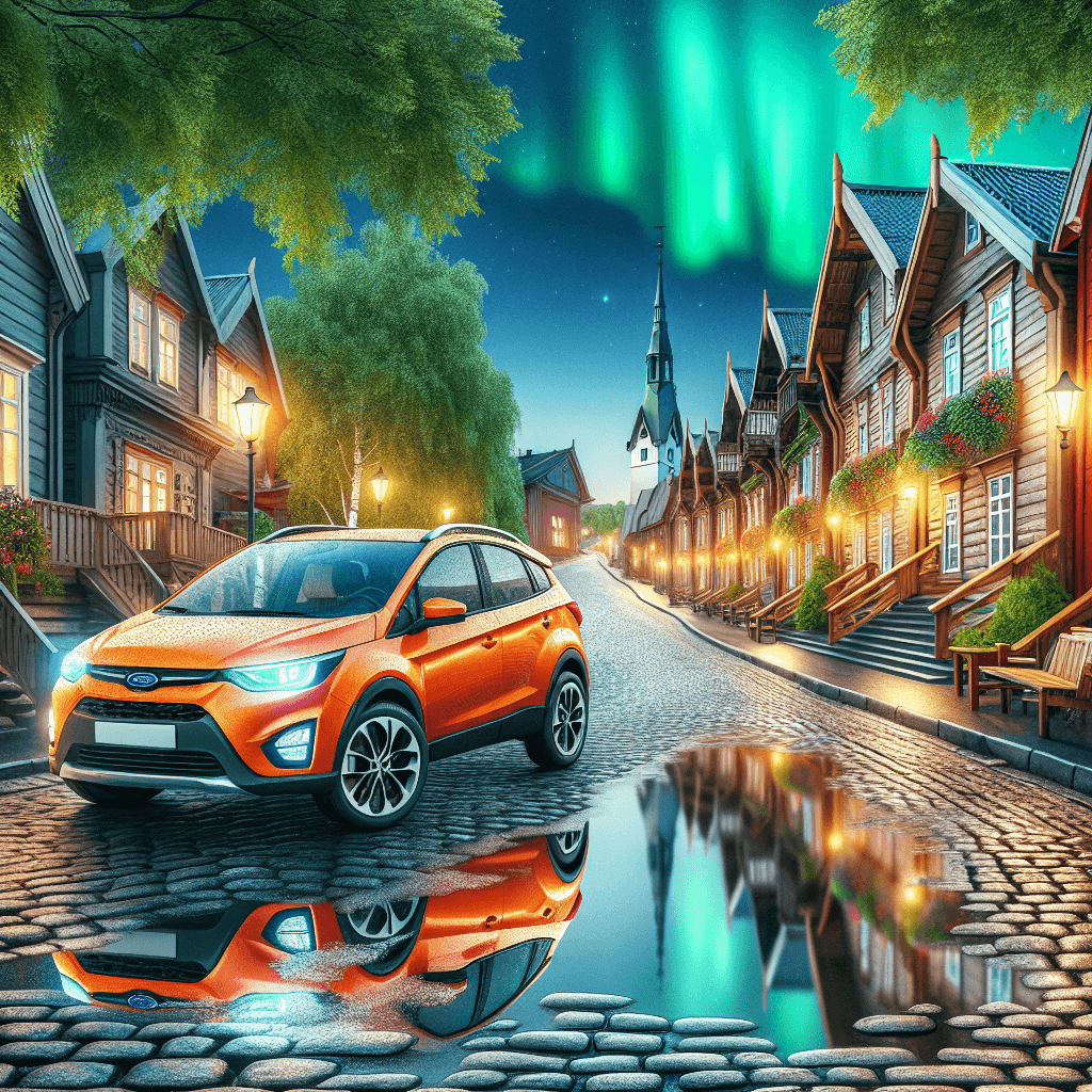 City car parked in Oulu, under vibrant northern lights