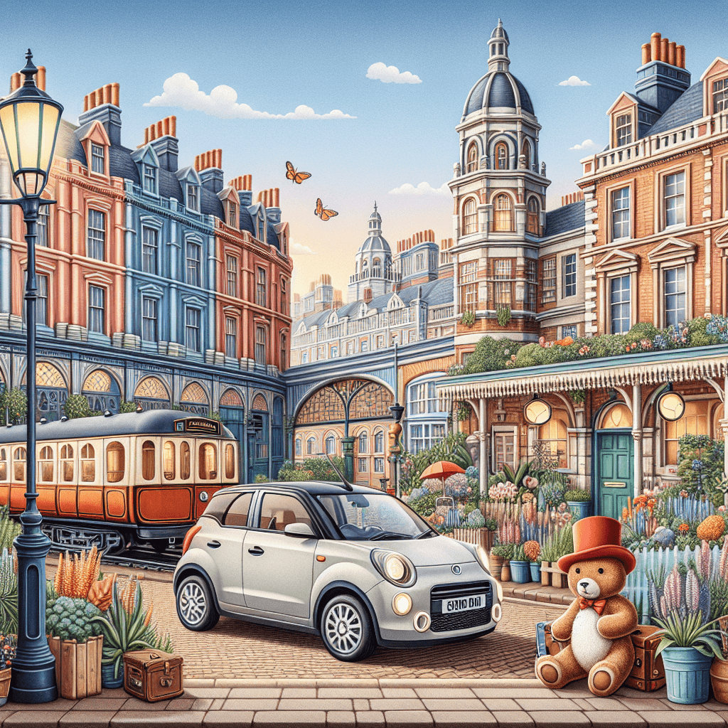 City car amidst Paddington houses and station, adorned by lanterns and gardens