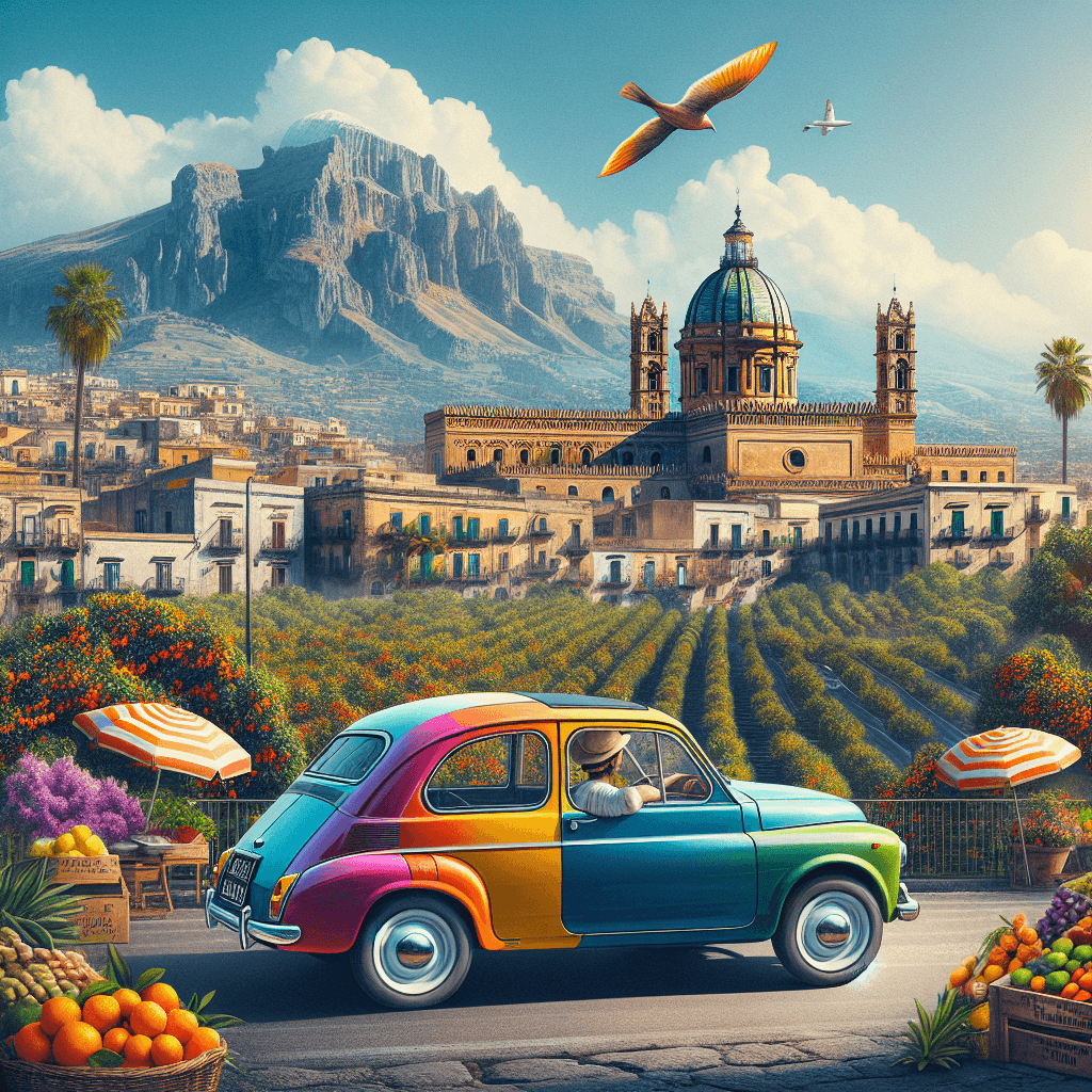 City car driving near Palermo's citrus groves, Mount Pellegrino in view.
