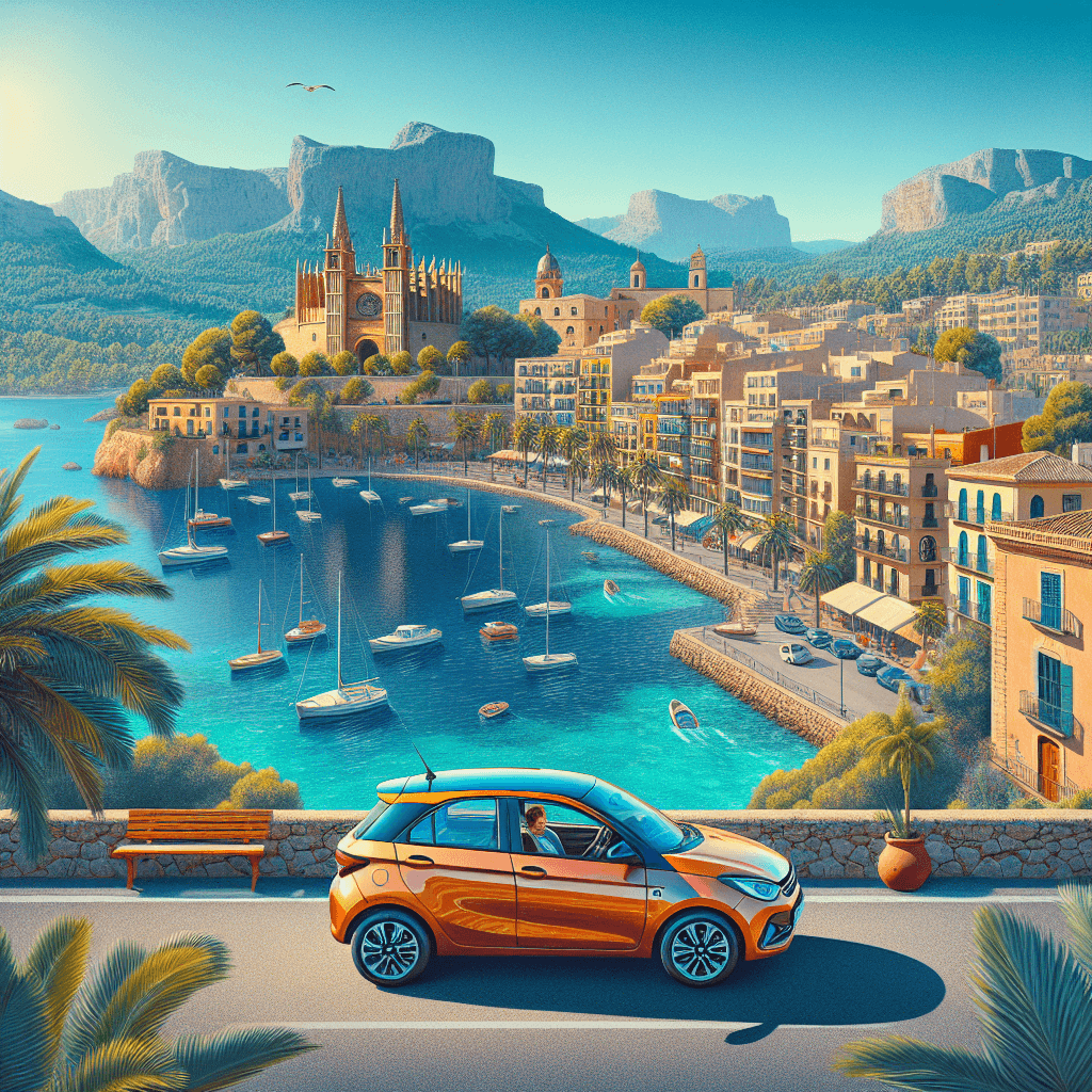 City car by ocean with Mallorca's historic architecture and local flora