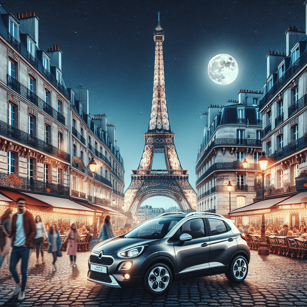Coche de ciudad en Plaza Parisina bajo luz de luna llena