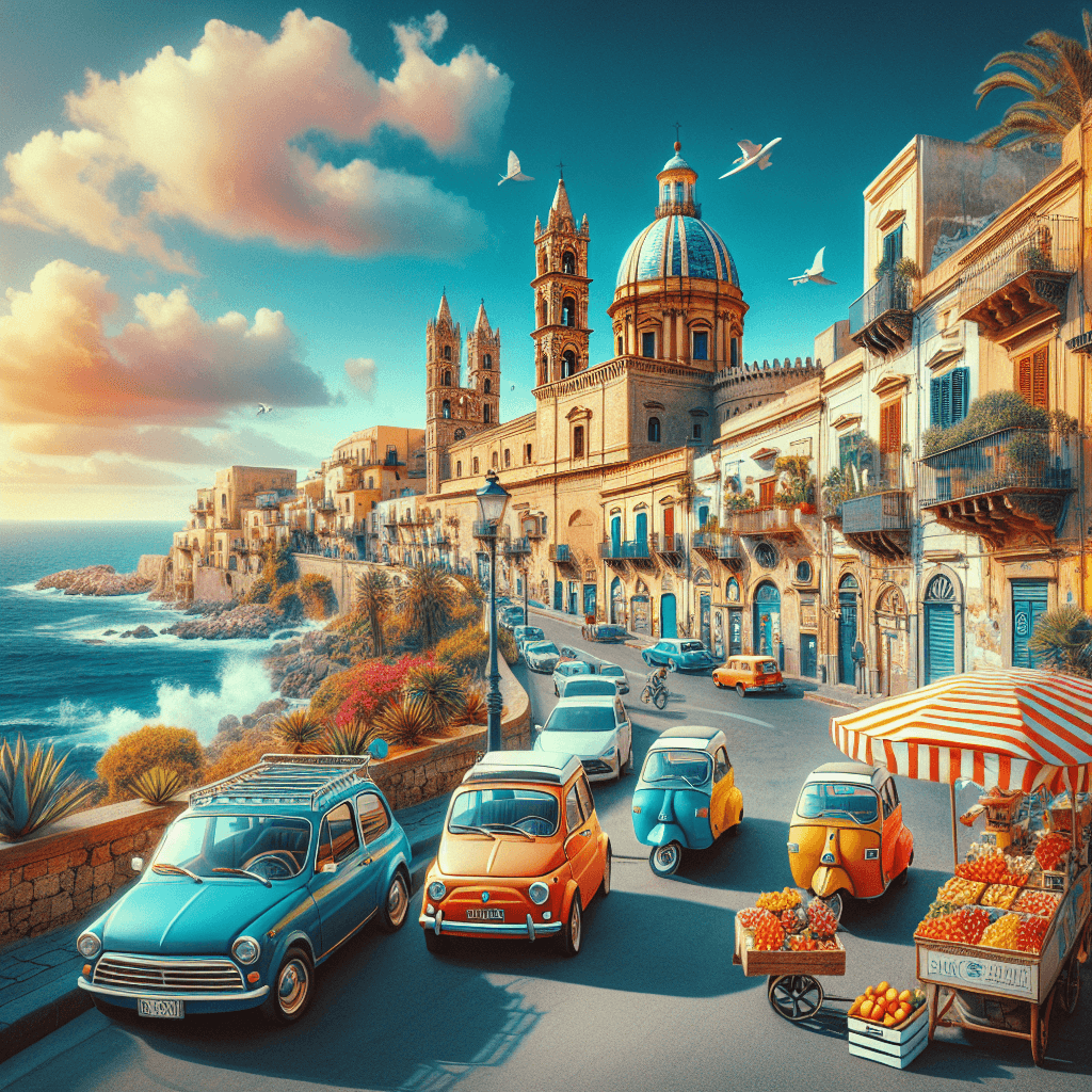 Coche urbano en paisaje típico de Palermo con Vespas y carros de frutas confitadas