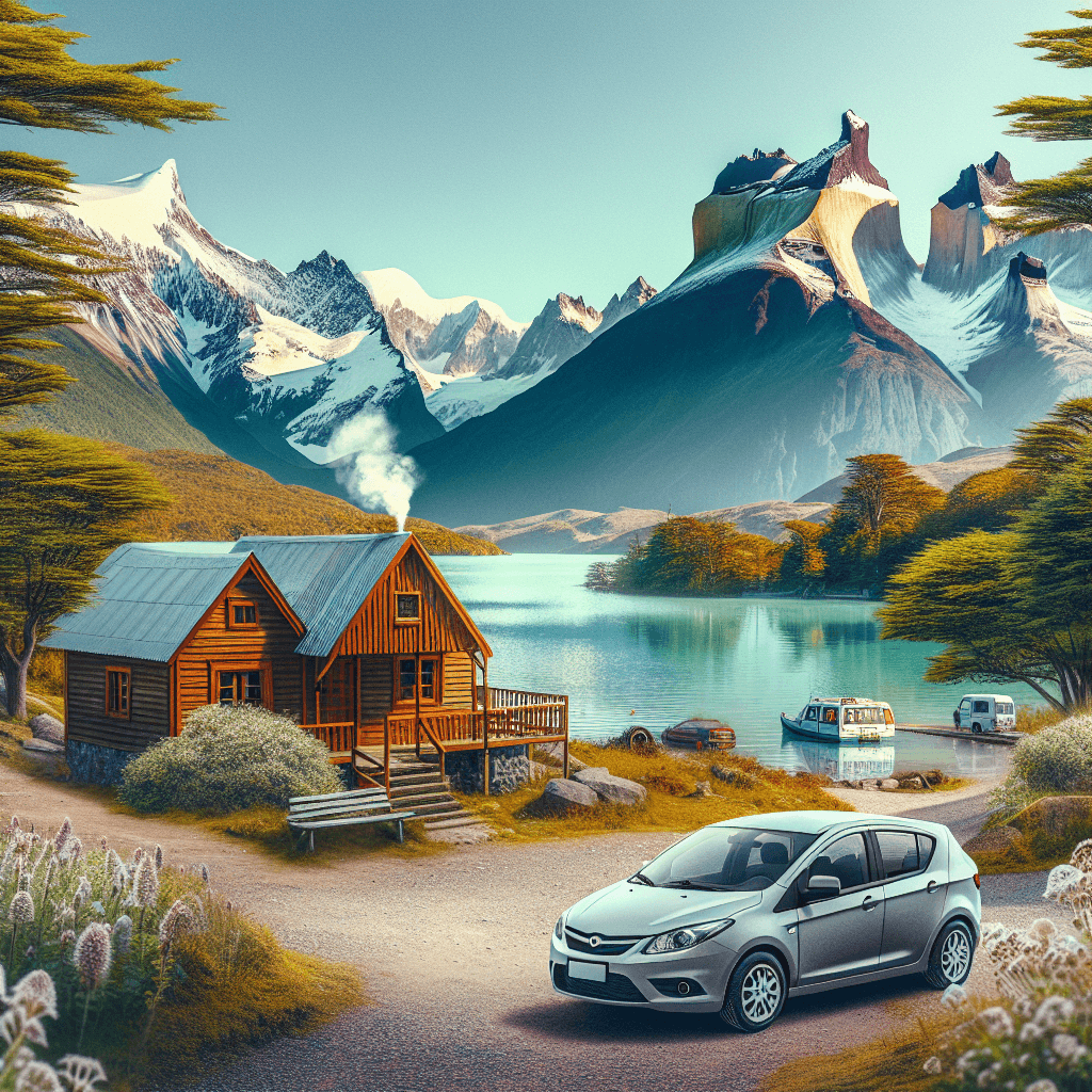 City car parked by lake, mountains, wooden cabin, wildflowers