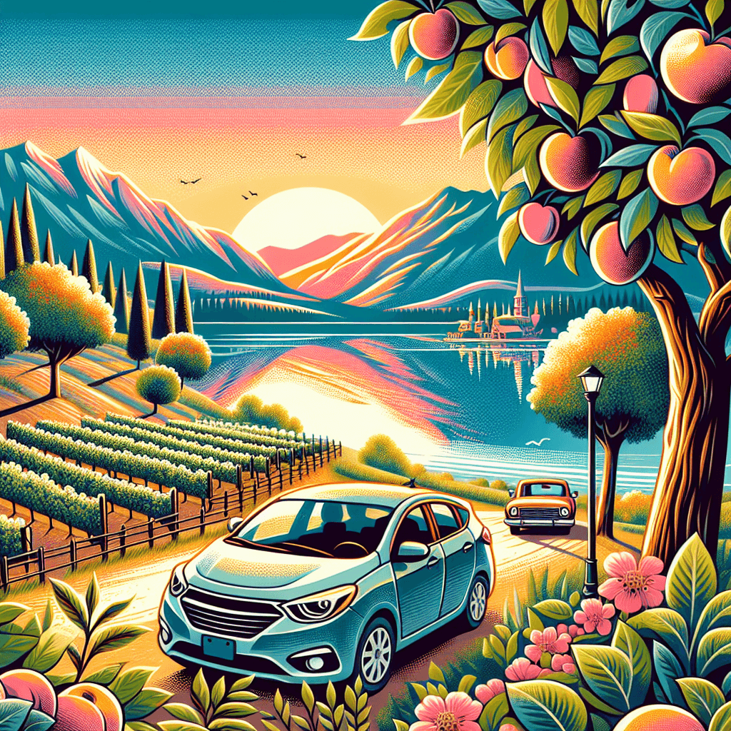 City car parked by apple orchards, vineyards, and lake at sunset