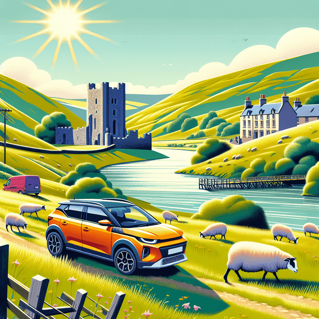 Bright city car in sunny Powys countryside, grazing sheep, castle and river