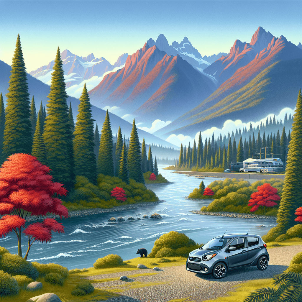 City car by Nechako River, with mountains, forestry and bear
