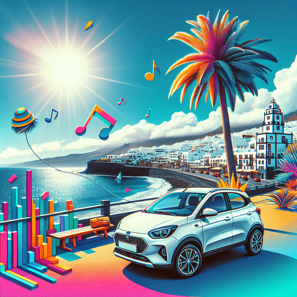 City car in picturesque Puerto del Carmen, musical notes flowing