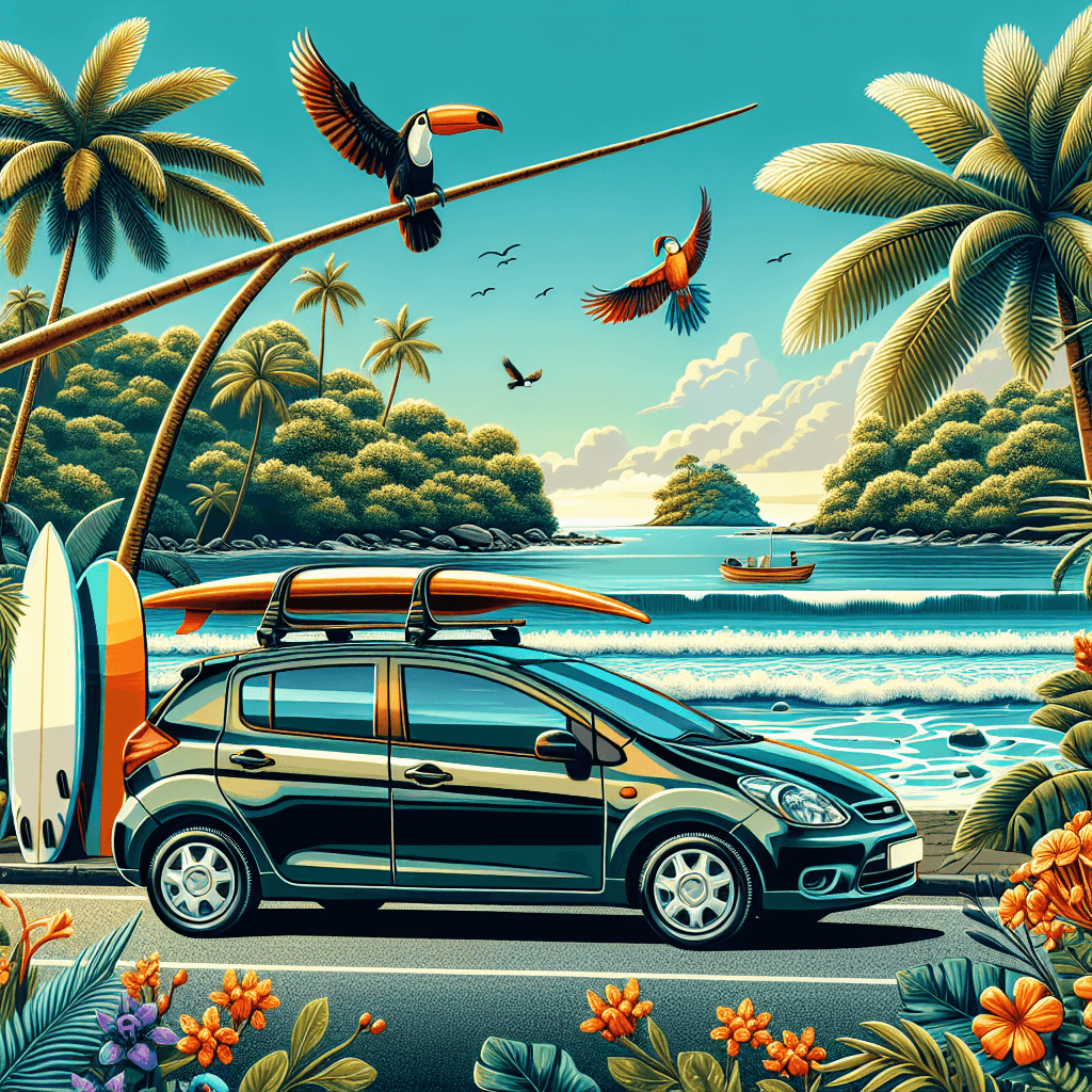 City car with surfboards, toucans, and tropical blooms in Puerto Viejo