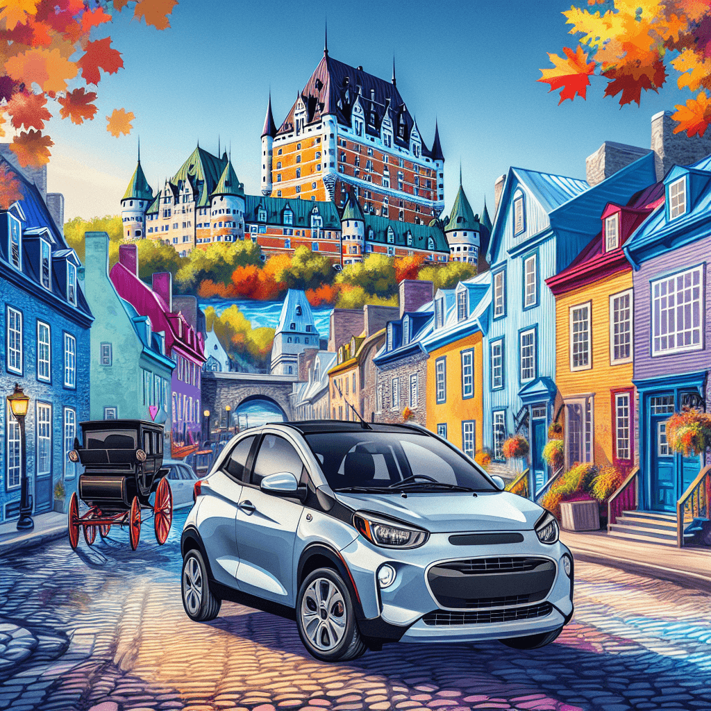 City car, Chateau Frontenac, maple trees, cobblestone street, horse carriage