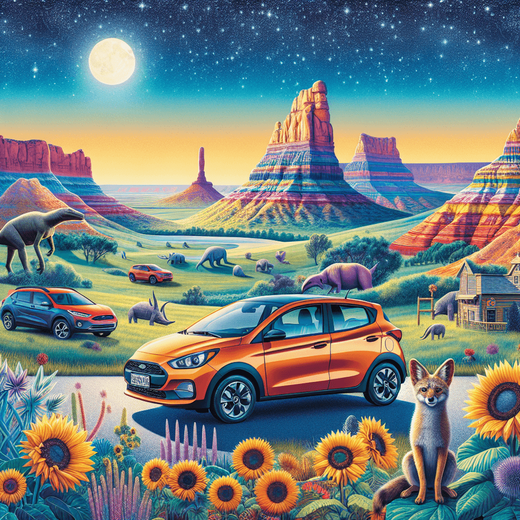 City car, Dinosaur Park, Badlands, Mount Rushmore, coyote and sunflowers under a starlit sky.