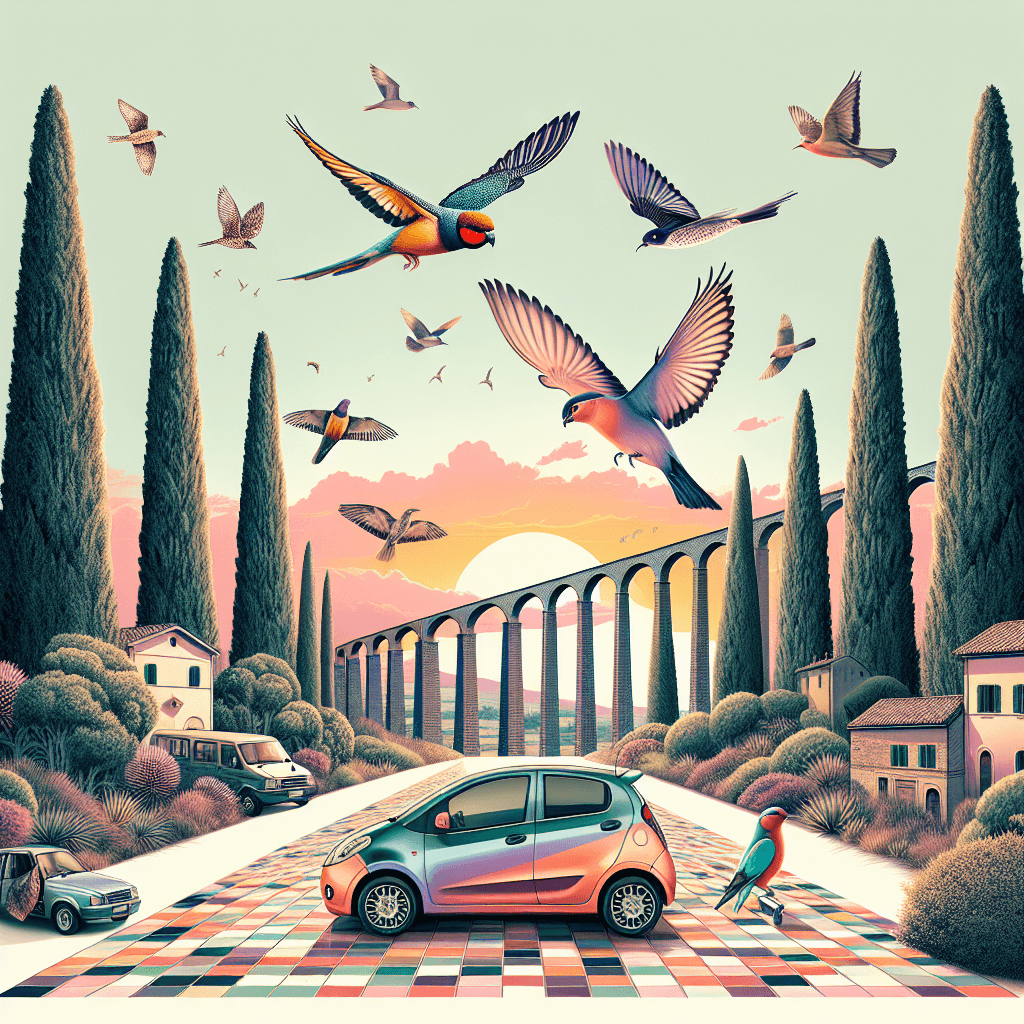 City car in Ravenna landscape with mosaic, sunset and birds