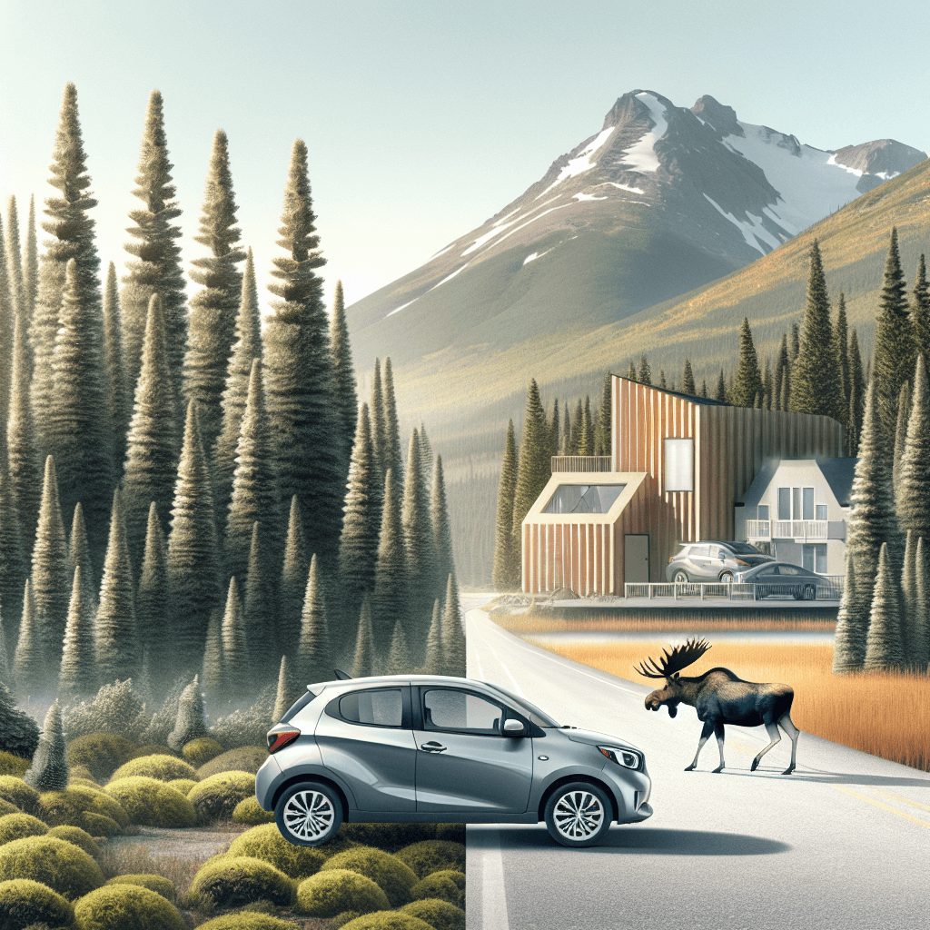 Compact city car, moose, pine trees, mountains, and modern buildings