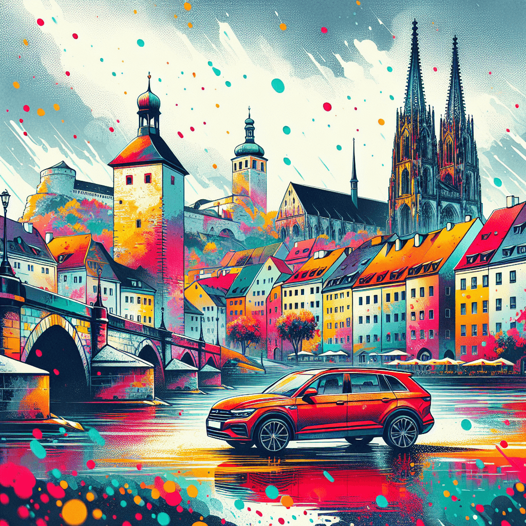 Urban car in Regensburg with iconic landmarks and playful weather