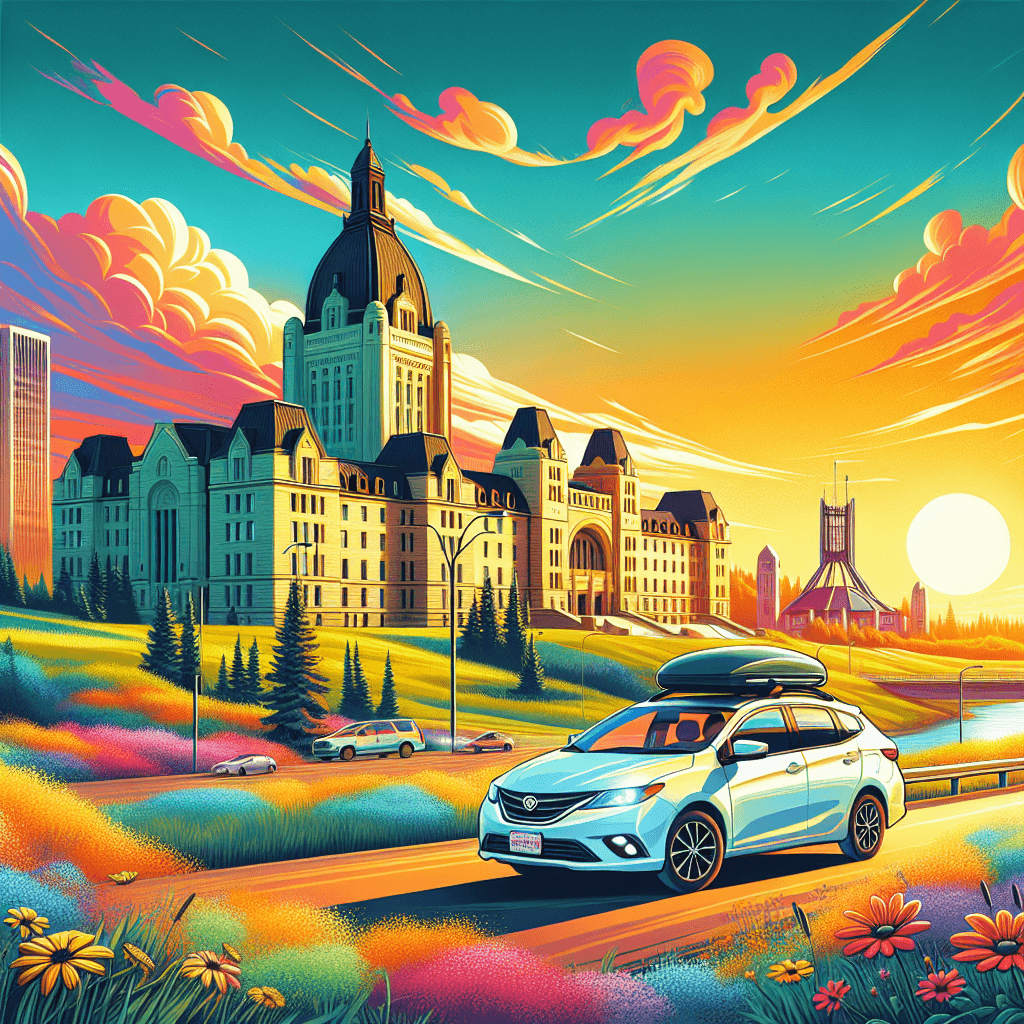 City car, Parliament building, prairie flowers, summer sunset