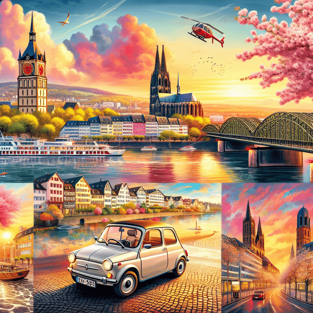 City car in Bonn landscape, Rhine River, cherry blossoms, historical buildings at sunset.
