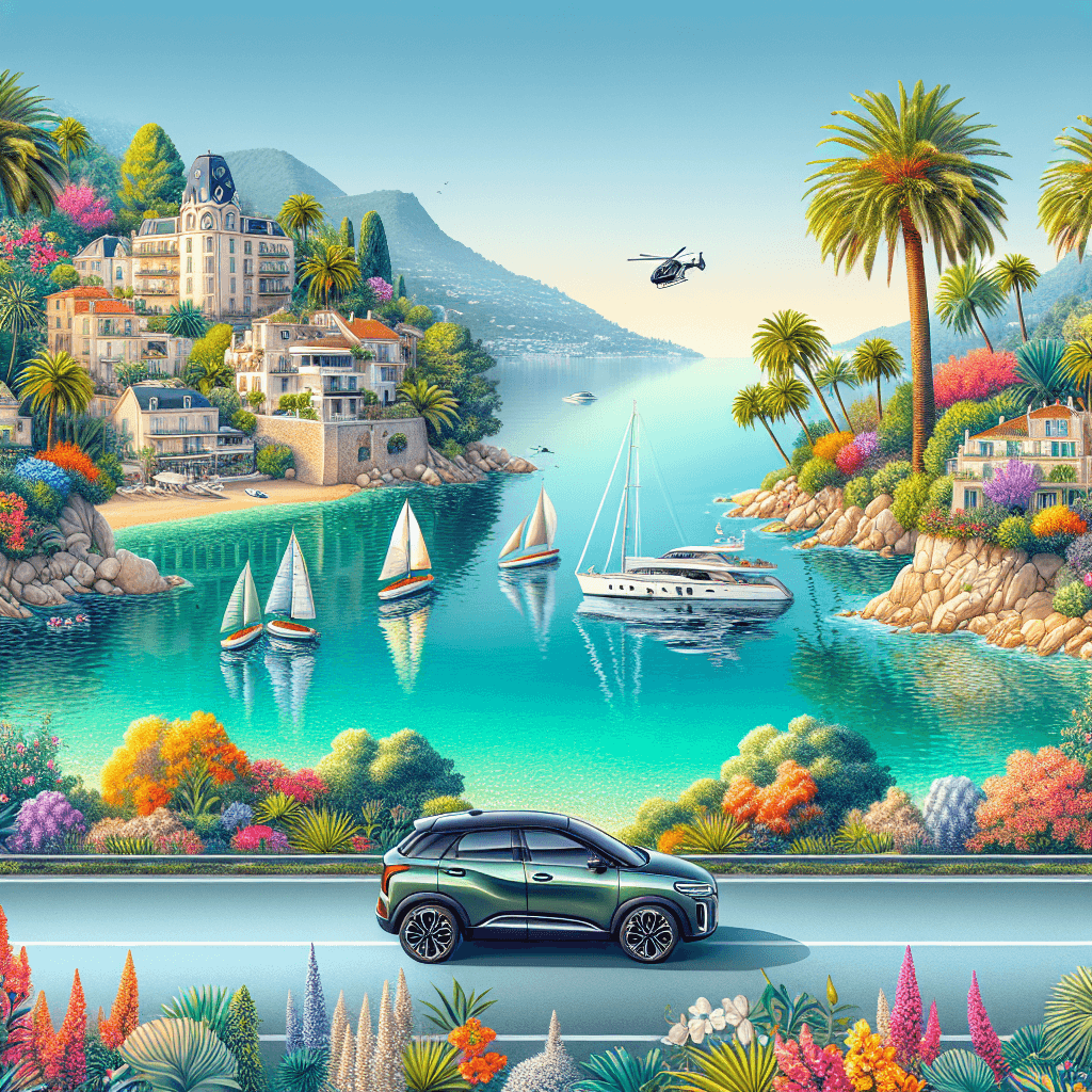 City car amidst French Riviera landscape, yacht-dotted azure sea, hillside villa