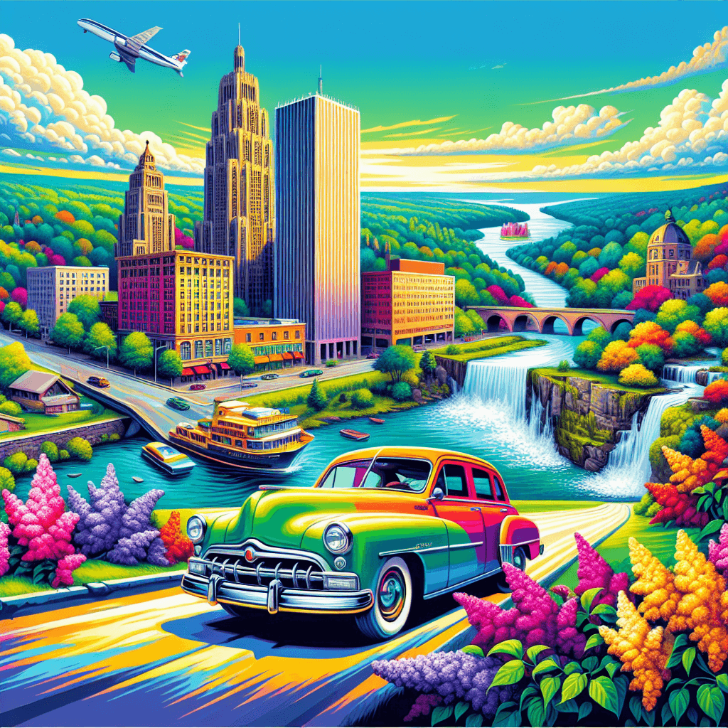 City car in Rochester with Kodak Tower, lilacs, lake, river, waterfall