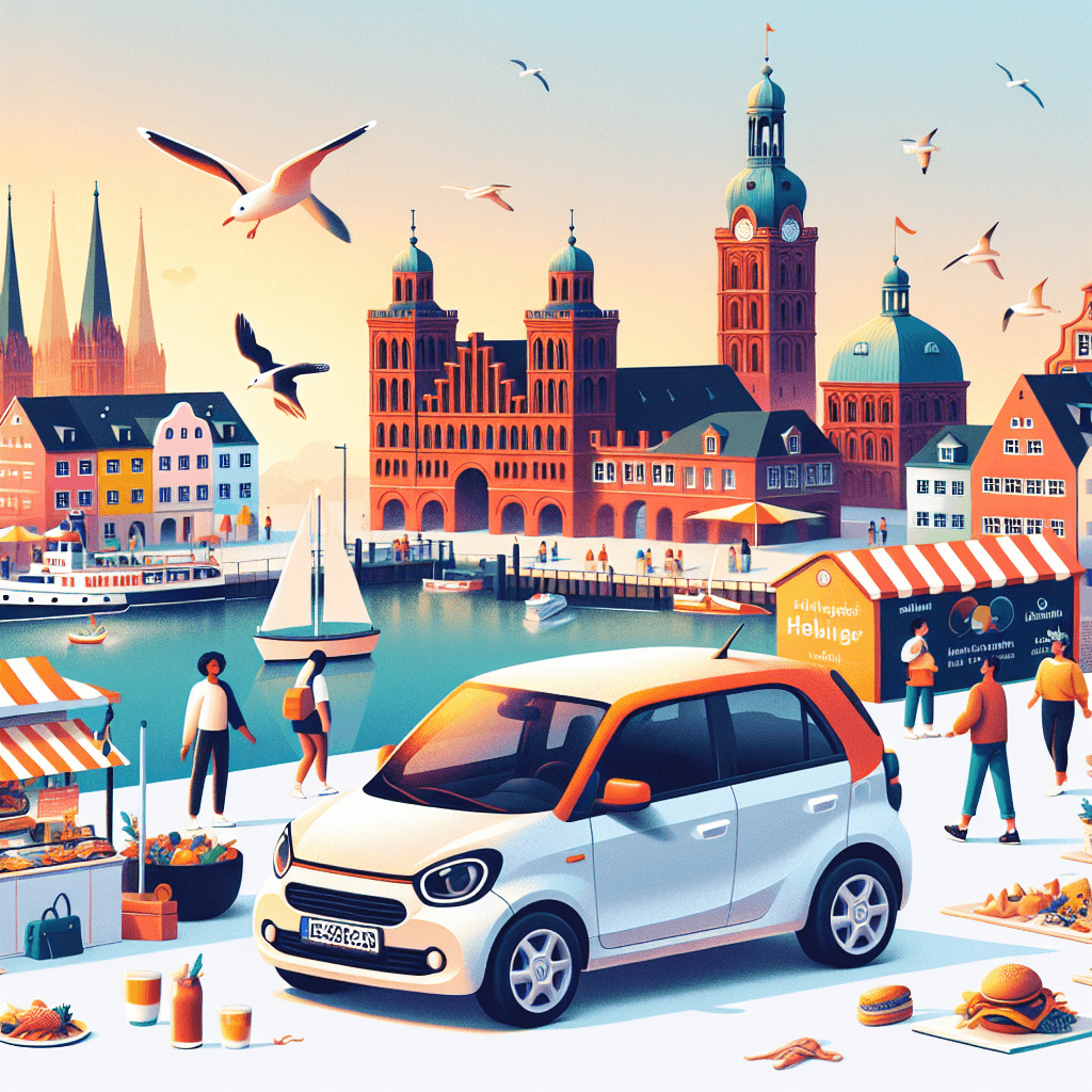 City car, Rostock harbour, historical gate, church, lively crowd