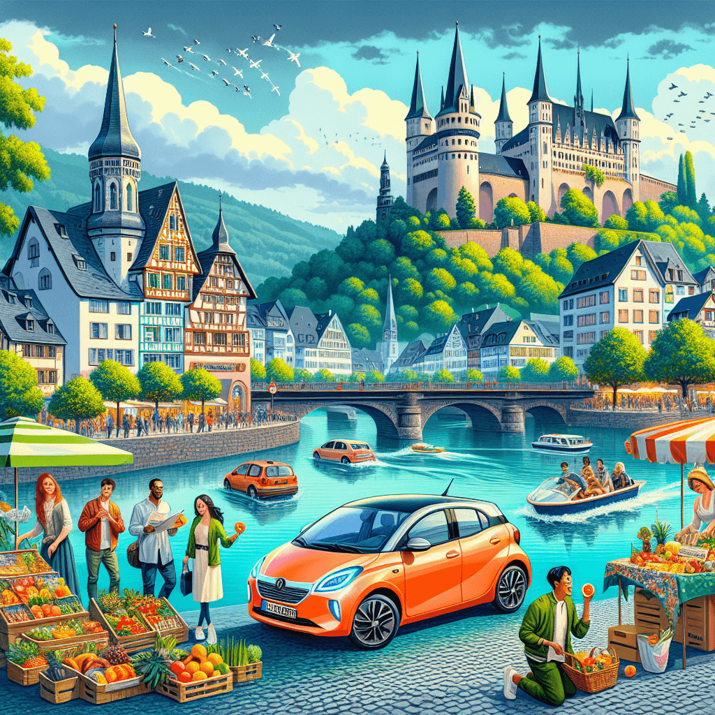 City car in vibrant Saarbrücken, featuring river, market, and castle