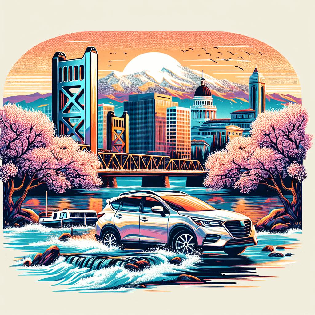 City car by Sacramento River with Tower Bridge and blossoming almond trees