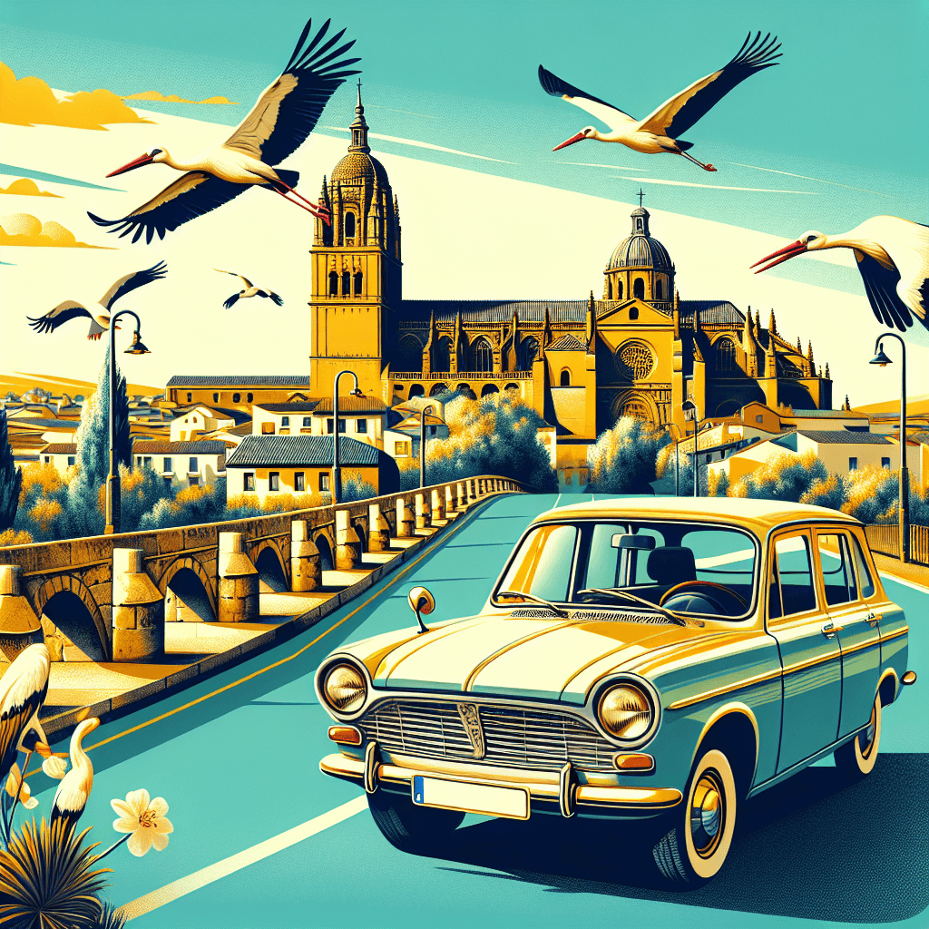 City car amidst Salamanca's distinctive elements: cathedral, bridge, storks