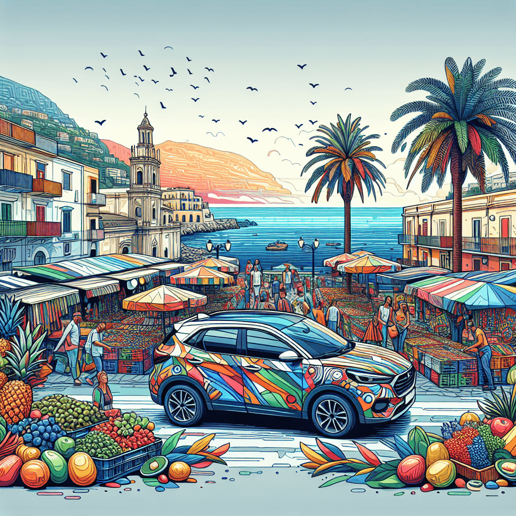 City car in vibrant Salerno marketplace, seaside background